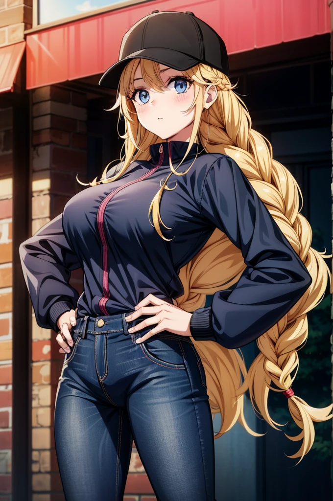 a cartoon anime girl posing in a black hat and outfit while holding a cell phone, 1girl, twin braids, solo, pants, braid, breasts, hat, blonde hair, blue eyes, large breasts, denim, jeans, long hair, hand on hip, blush, black headwear, looking at viewer, jacket, baseball cap, long sleeves, outdoors