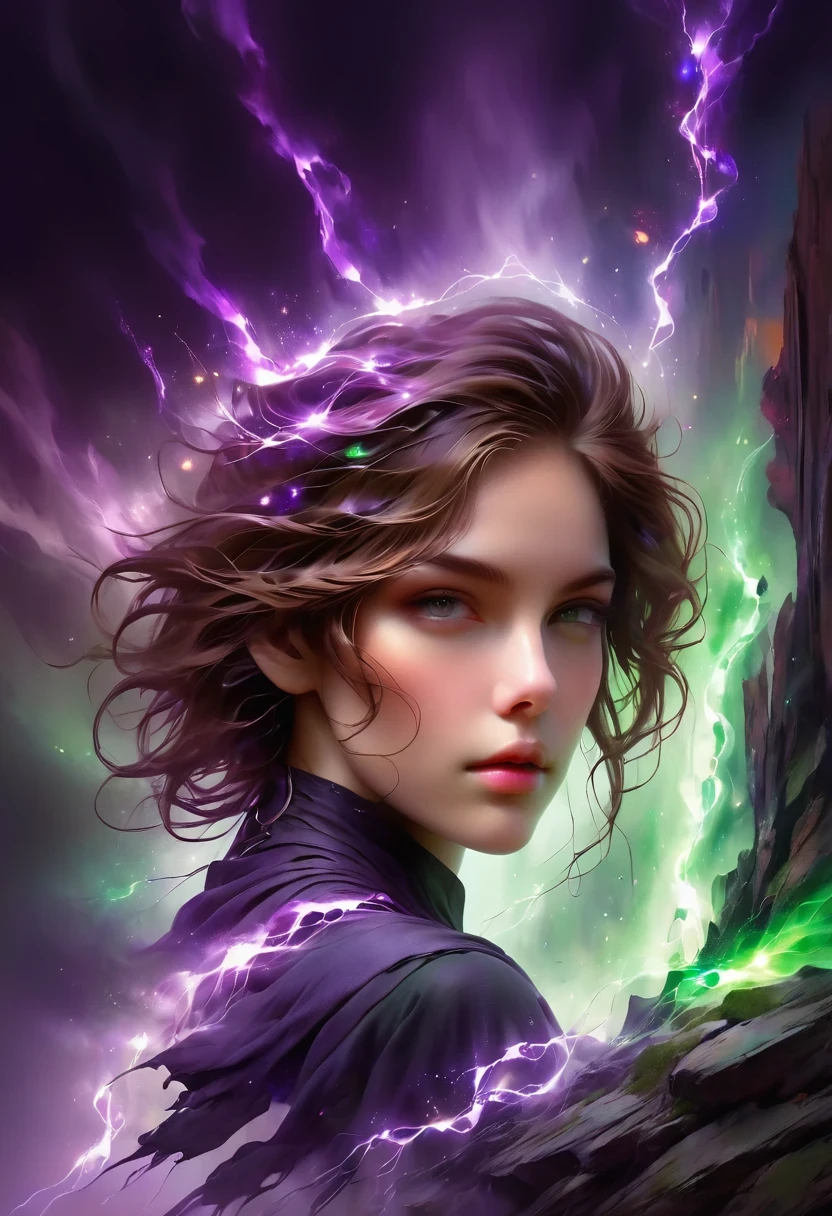(1 person, beautiful witch:1.2), purple eyes, brown hair, undercut,look down, alone, half shot, Detailed background, Detailed face, (V0id3Energy, Empty topic:1.1) mage, Black light armor robe, Clear Expression, green color scheme, dark green light, rock call circle, bright magic text, dark atmosphere, shadow, Realistic lighting, floating particles, spark, surrounded by purple light, rock call, (thick melting candles:0.8), Purple arcane symbol, Eyes long for power, Broome SCG,