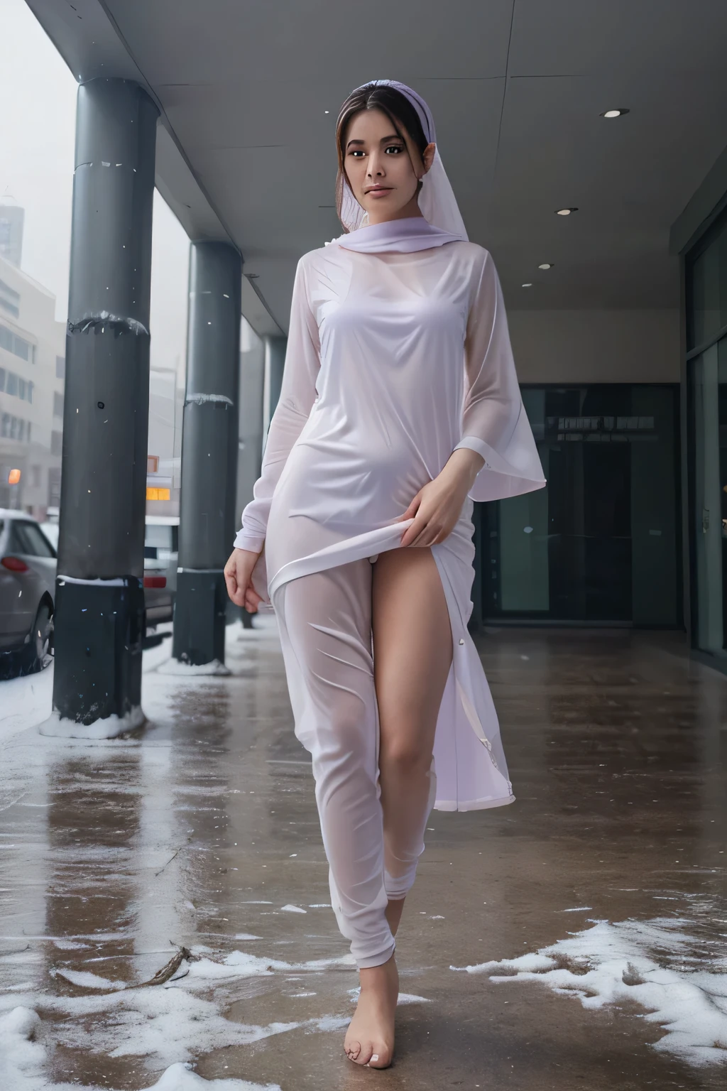 RAW, Best quality, high resolution, realistic, masterpiece: 1.3), arafed woman in a skin-tight baju kurung, posing for a picture, transparent baju kurung, standing, sexy post, soft purple glow, full image head to toe, good young girl, white fair skin, soft body, wet look, show right armpit, eyes on camera, full body image detail, RAW, Best quality, high resolution, masterpiece, heavy snow, colorful outdoor urban city day photography, deserted city, camera angle from thigh length