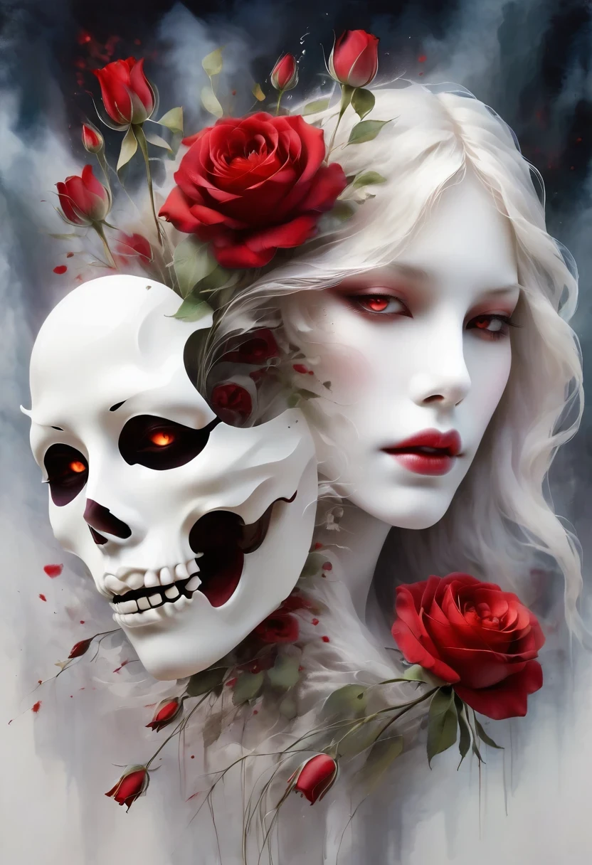 （Hand holding mask：1.5），（White-haired ghost，straight hair，Red eyes），（gothic art），（Fear：1.5），（correct human ???????：1.37）