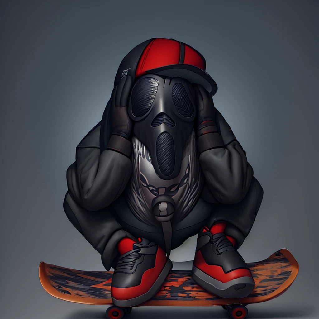 person on a skateboard, wearing a cap, wearing a death mask, balanced colors, illustration, concept art, artstation, 8k