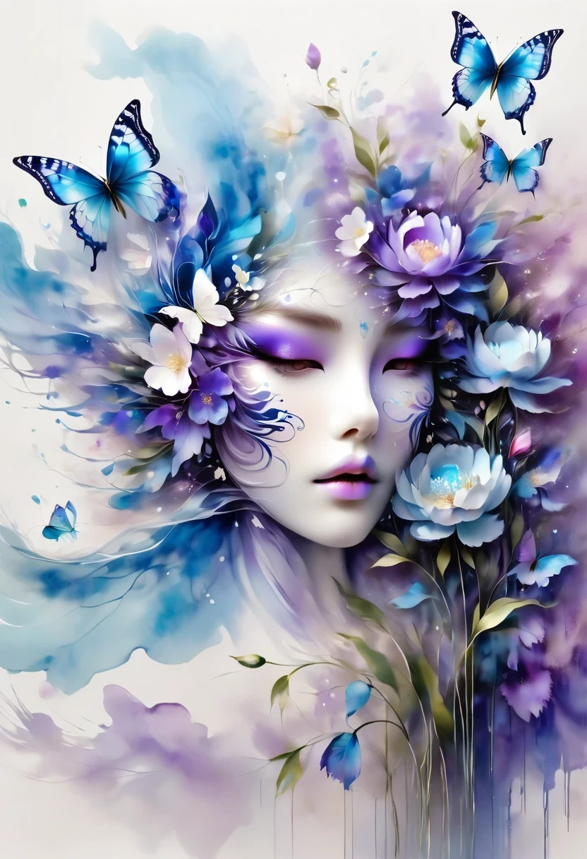 Woman wearing masquerade mask, butterfly masquerade, Big iridescent peony, royal ball, Butterfly mask, blue purple and white, blue lips, Paper fan, masterpiece, 8K, Popular topics on pixiv, best quality