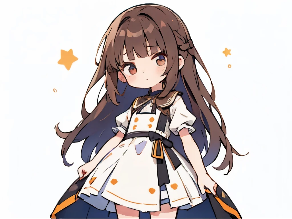 1 sticker, sticker, nikkaze, (cute girl), (She's wearing a white dress), (troubled face)、(Has long hair and wears it down), (Standing facing the front)、Sweating、Hands hidden behind the back、performer, white background, no background, simple background, minimal, cute, small, brown hair, vector style, no gradation、Mature、
