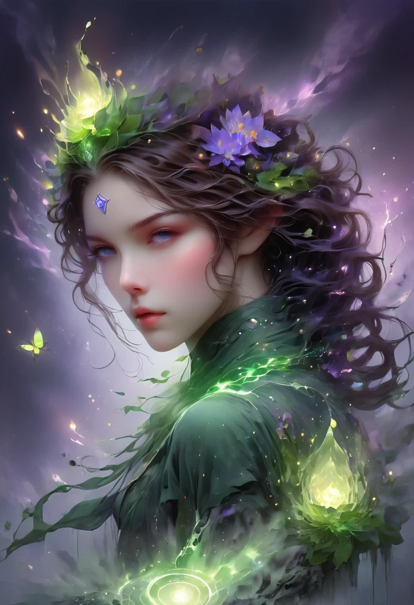 (1 person, beautiful witch:1.2), purple eyes, brown hair, undercut,look down, alone, half shot, Detailed background, Detailed face, (V0id3Energy, Empty topic:1.1) mage, Black light armor robe, Clear Expression, green color scheme, dark green light, rock call circle, bright magic text, dark atmosphere, shadow, Realistic lighting, floating particles, spark, surrounded by purple light, rock call, (thick melting candles:0.8), Purple arcane symbol, Eyes long for power, Broome SCG,