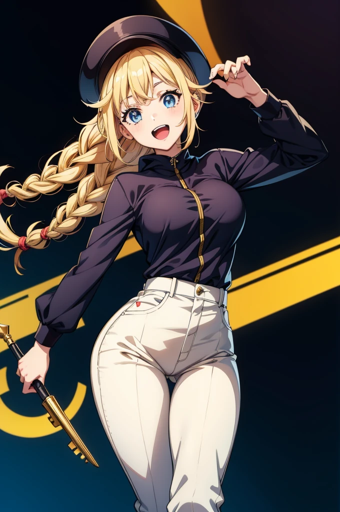 an anime girl with blonde hair and bright smile holding an orange and yellow key, 1girl, solo, hat, blonde hair, blue eyes, shirt, twin braids, breasts, jacket, braid, pants, large breasts, looking at viewer, white shirt, black pants, open mouth, long hair, shirt tucked in, black headwear, thigh gap
