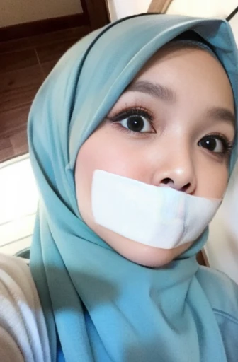 1 malay girl in white color hijab and naked, dynamic angle, soft laughter, unique appearance, naked, ((view from below looking up)), (look down at the camera and smile). Afternoon, gagged, tape gag, ball gag