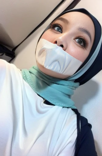 1 malay girl in white color hijab and naked, dynamic angle, soft laughter, unique appearance, naked, ((view from below looking up)), (look down at the camera and smile). Afternoon, gagged, tape gag, ball gag