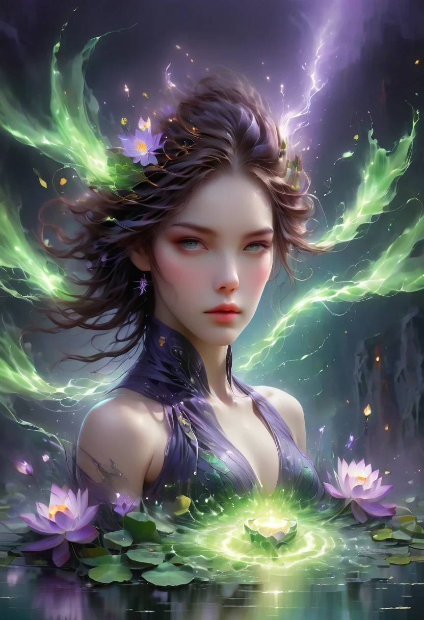 (1 person, beautiful witch:1.2), purple eyes, brown hair, undercut,look down, alone, half shot, Detailed background, Detailed face, (V0id3Energy, Empty topic:1.1) mage, Black light armor robe, Clear Expression, green color scheme, dark green light, rock call circle, bright magic text, dark atmosphere, shadow, Realistic lighting, floating particles, spark, surrounded by purple light, rock call, (thick melting candles:0.8), Purple arcane symbol, Eyes long for power, Broome SCG,