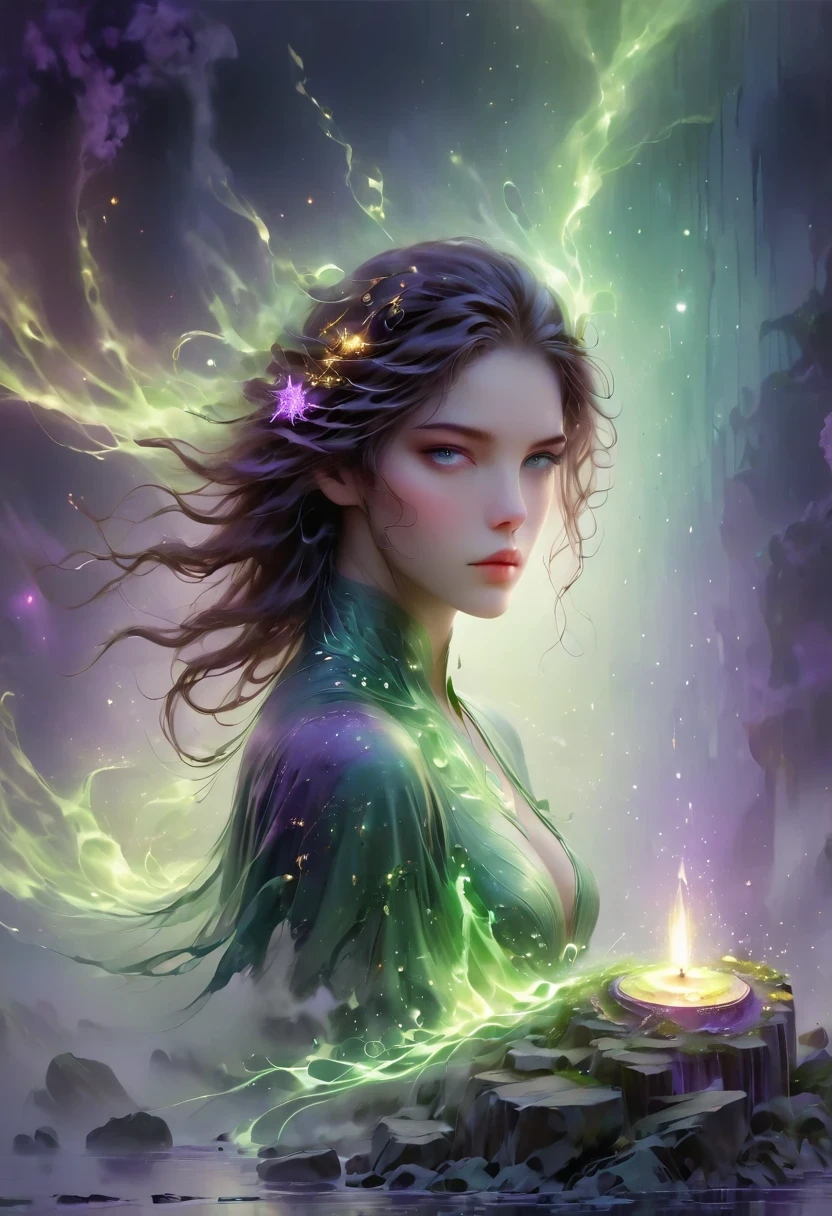 (1 person, beautiful witch:1.2), purple eyes, brown hair, undercut,look down, alone, half shot, Detailed background, Detailed face, (V0id3Energy, Empty topic:1.1) mage, Black light armor robe, Clear Expression, green color scheme, dark green light, rock call circle, bright magic text, dark atmosphere, shadow, Realistic lighting, floating particles, spark, surrounded by purple light, rock call, (thick melting candles:0.8), Purple arcane symbol, Eyes long for power, Broome SCG,