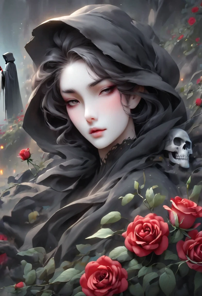 black robe、girl holding red rose, A beautiful female death, Reaper in Overwatch, A harbinger of death,