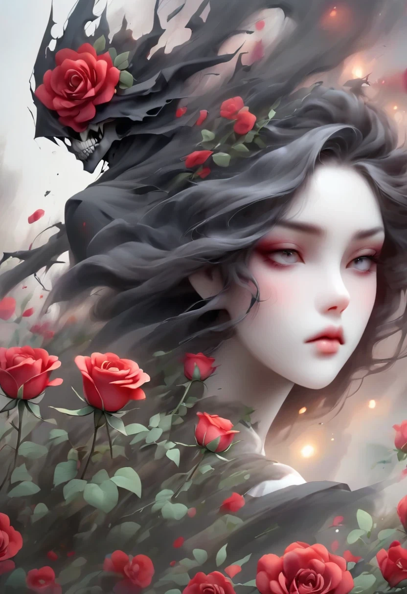 black robe、girl holding red rose, A beautiful female death, Reaper in Overwatch, A harbinger of death,