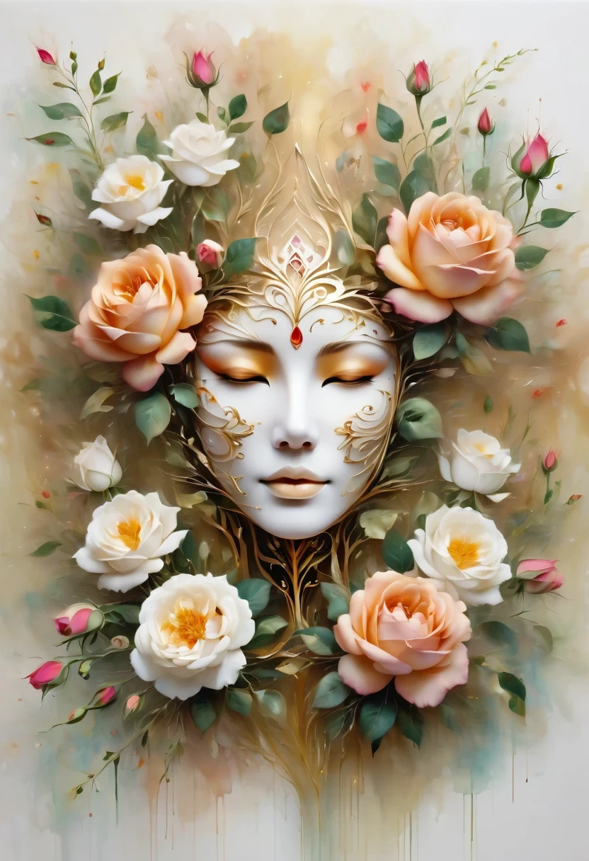 （best quality，4K，masterpiece：1.2），super detailed，lifelike:1.37，beautiful symmetrical mask，Apply with thick strokes and wet paint, golden ratio, melted wax |, visible strokes, rose symmetry mask，White mask surrounded by roses, Mosaic wireframe 3d, neuroimaging, Neurons, tree of Life, rape, like, enthusiasm, oil painting on canvas, thick strokes, Very detailed, 8K Ultra HD, masterpiece, art station, surreal，symmetry art