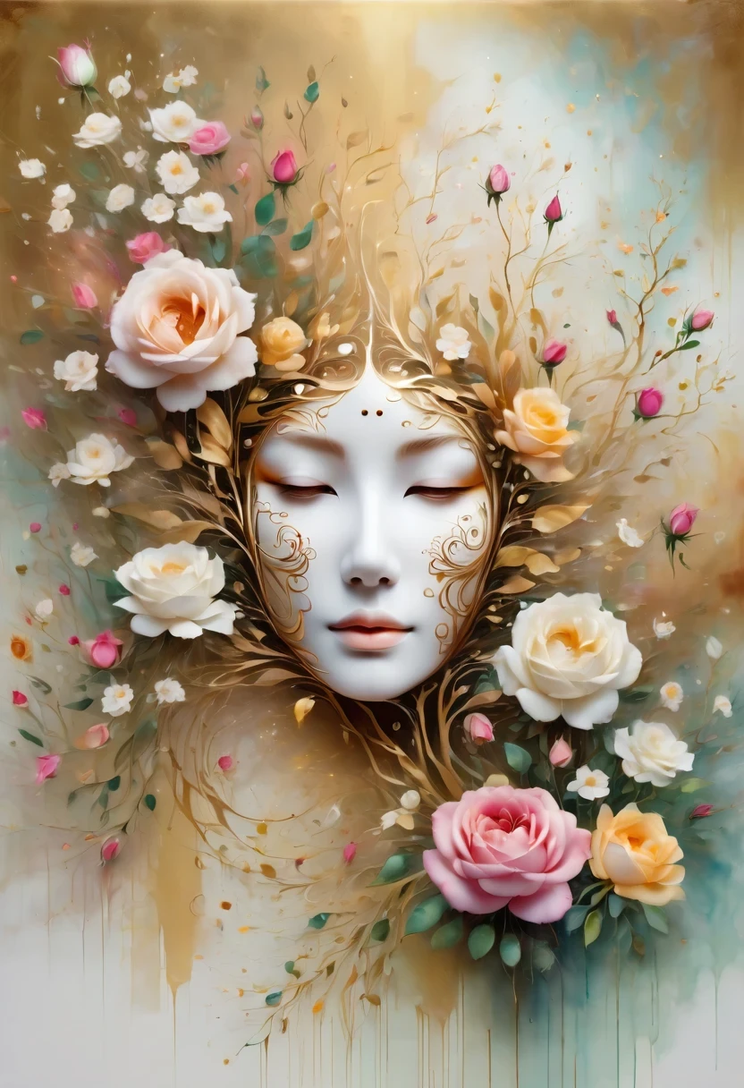 （best quality，4K，masterpiece：1.2），super detailed，lifelike:1.37，beautiful symmetrical mask，Apply with thick strokes and wet paint, golden ratio, melted wax |, visible strokes, rose symmetry mask，White mask surrounded by roses, Mosaic wireframe 3d, neuroimaging, Neurons, tree of Life, rape, like, enthusiasm, oil painting on canvas, thick strokes, Very detailed, 8K Ultra HD, masterpiece, art station, surreal，symmetry art