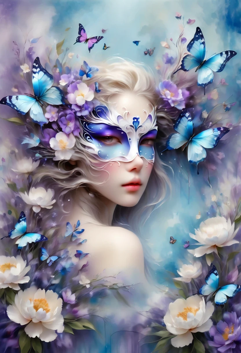Woman wearing masquerade mask, butterfly masquerade, Big iridescent peony, royal ball, Butterfly mask, blue purple and white, blue lips, Paper fan, masterpiece, 8K, Popular topics on pixiv, best quality
