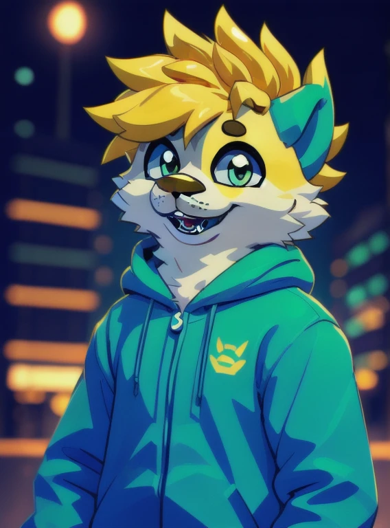 (taidum, wavy hairs:1.2), cute, portrait, gorgeous eyes, good lights, good colors, good composition, monocolor, bicolor, good face, (cute:0.7), teenager,  
smiling with open mouth, happy
whole body, 
aestheticcartoon, vibrant colors, 
pyjama's, taidum
blurry cyberpunk city in the background,
side view, 
teenager,
one hand on the head, 
BREAK, 
monocolor green, green eyes, 
(monocolor golden gold:1.2)
 , 
