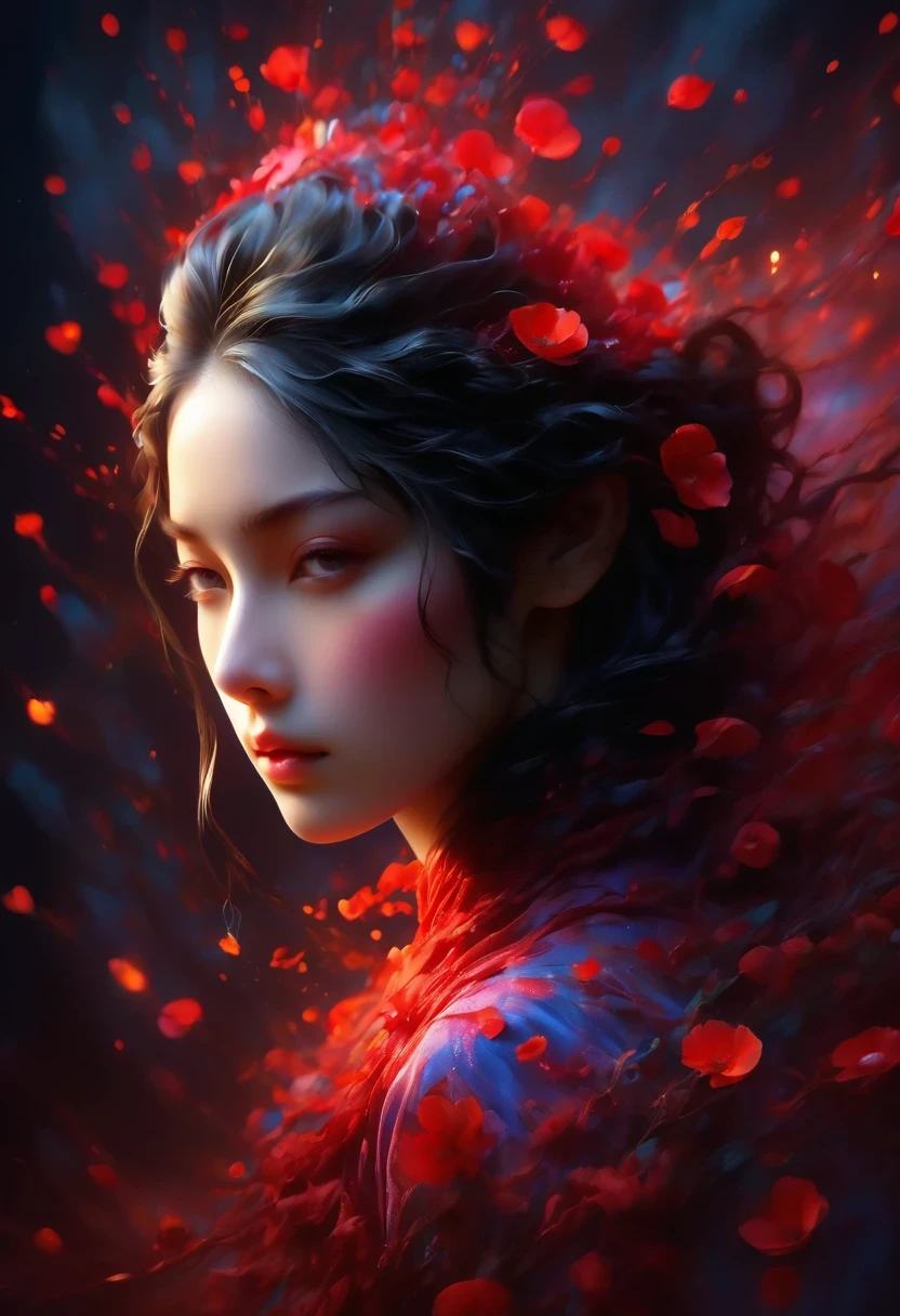 (masterpiece, best quality, super detailed, best shadow), (Detailed background,dark fantasy), (Beautiful and delicate face), high contrast, (best lighting, extremely delicate and beautiful), ((Cinema lights)), colorful, Super detailed, dramatic light, intricate details, (1 girl, alone,black hair, Pointed face,low ponytail,Red eyes, hair between eyes,Dynamic angle), blood spatter, Black light swirls around the character, depth of field,black light particles roken ggic round,