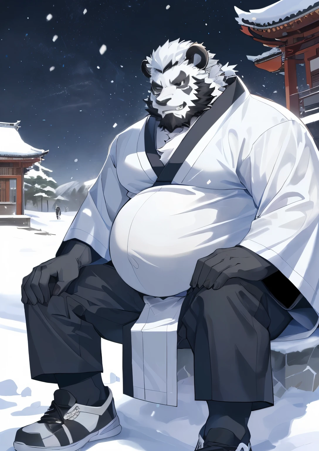 (black skin oriental panda),(Black and White Yin Yang General Nude Kimono),Strong stance,stand calmly,(The background is a city covered in ice and snow:1.2),abdomen ,heroic posture飒爽,perfect masterpiece,Various facial details,distance perspective,specific description,masterpiece,CG,(golden eyes),black and white pattern,General,heroic posture,panda,black and white fur,specific facial details,Half body,(Black and White Yin Yang General Combat Shoes),(Chang Ling),((middle aged)),(Face focus),(16K),HD,black and white belly,temple,beard,(Noodle),different students,(Black and White Yin Yang Dragon Pattern Kimono),(black and white hair),Strong,muscle,(High resolution:1.3),(Sitting in the snow-covered city),(close up),(Detailed face:1.5),Perfect details,(Half body),(Detailed depiction of face:1.5),(Zoom in on face:1.5),(White Noodle:1.2),(black beard:1.3),(white face;1.6),white body,fat body，bare belly，bare breasts，Thick white chest hair，The belly hair is white and dense，black and white fur，pregnant，（Black and White Yin Yang Dragon Pattern Kimono），thick beard