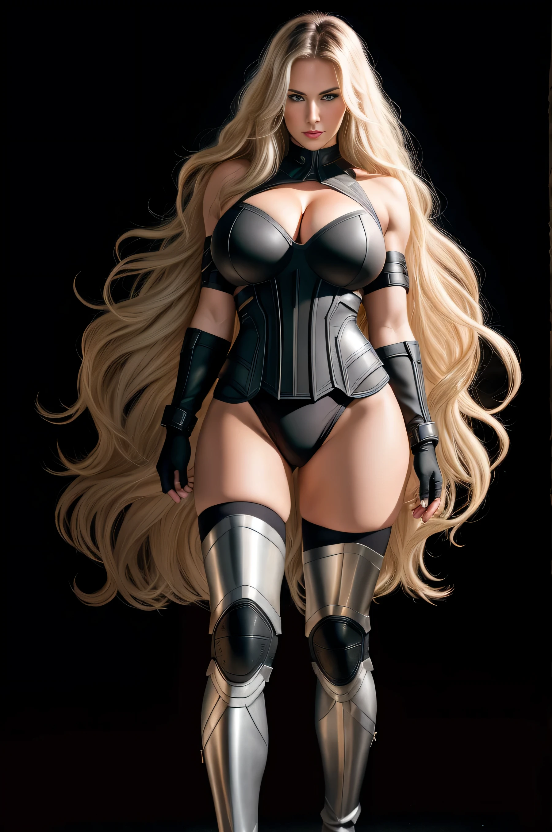 BOMBSHELL VALKYRIE, MATURE WOMAN, 30 YEARS OLD, ATHLETIC BODY, MUSCLES, LONG BLONDE HAIR, GRAY EYES, ROSY CHEEKS, ANGRY FACE EXPRESSION, BLACK PANTIES UNDER ARMOUR, FULL BODY SILVER ARMOUR, SHINING ARMOUR, MITHOLOGY, random hair, looking at camera, gigantic breasts, cleavage, (high detailed skin:1.2), 8k uhd, dslr, super lighting, high quality, film grain, high res, highly detailed, hyper realistic, beautiful face, beautiful body, beautiful eyes nose lips, alluring expression, very bold, upper visible, full body photo, standing legs apart, pale translucent glowing skin, most beautiful face, cute, (well defined pubic hair:1.2)), (dark plain black background:1.4))