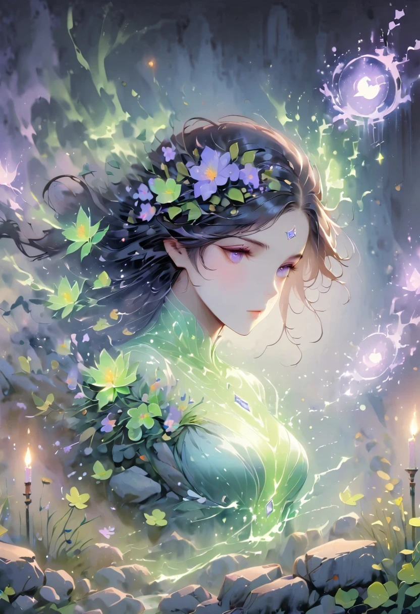 (1 person, beautiful witch:1.2), purple eyes, brown hair, undercut,look down, alone, half shot, Detailed background, Detailed face, (V0id3Energy, Empty topic:1.1) mage, Black light armor robe, Clear Expression, green color scheme, dark green light, rock call circle, bright magic text, dark atmosphere, shadow, Realistic lighting, floating particles, spark, surrounded by purple light, rock call, (thick melting candles:0.8), Purple arcane symbol, Eyes long for power, Broome SCG,