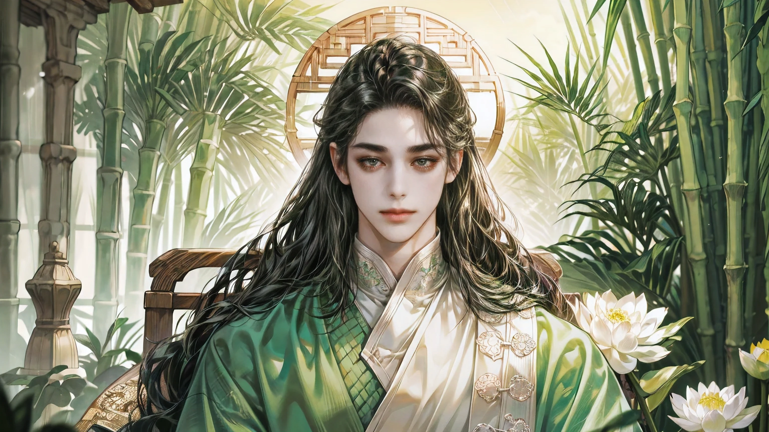beautiful youth, a bright smile,All green clothing,(absurdres, highres, ultra detailed, HDR), masterpiece, best quality, 1 boy , boy character ,((Thick ,black, long hair)),beautiful face,detailed interior, detailed character,((man)),(male in bamboo forest), black hair,he smile,(white lotus),1man,the house of ancient China, beautiful man with long black hair and black eyes,((solo man)),long hair,((he has a Big eyes, charming lips, slim nose and small face)),he has a slander shape,thin body