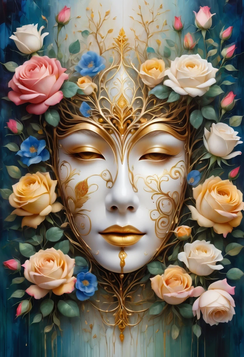 (best quality,4K,masterpiece:1.2),super detailed,lifelike:1.37,beautiful symmetrical mask,Apply with thick strokes and wet paint, golden ratio, melted wax |, visible strokes, rose symmetry mask,White mask surrounded by roses, Mosaic wireframe 3d, neuroimaging, Neurons, tree of Life, rape, like, enthusiasm, oil painting on canvas, thick strokes, Very detailed, 8K Ultra HD, masterpiece, art station, surreal,symmetry art