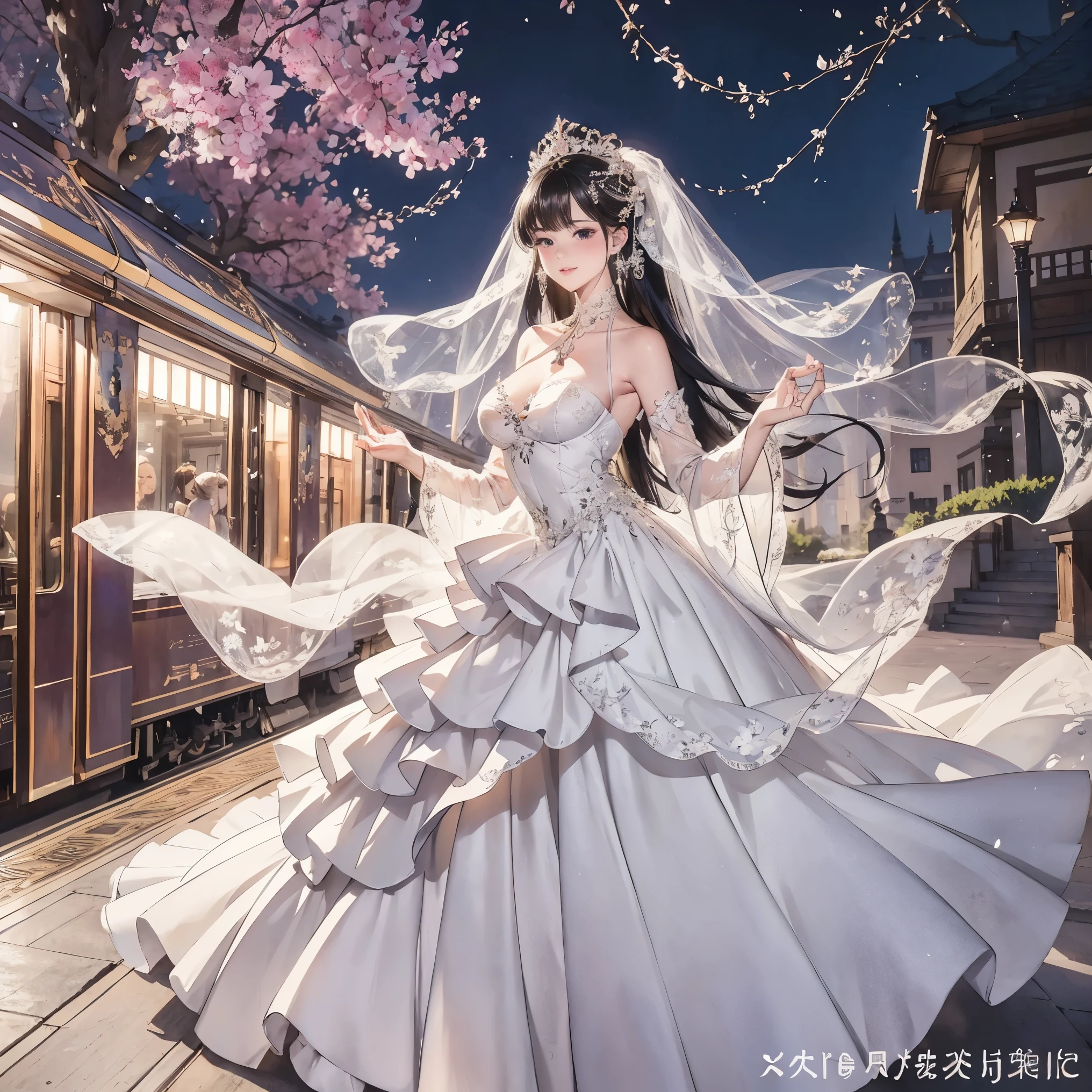 Elegant trailing wedding dress fluttering in the breeze,exudes a romantic atmosphere。Meticulously capturing every fold and flowing line,Showcasing the exquisite details and unique designs of wedding dresses。This digital artwork showcases the elegance of a wedding dress with a train,Adds a dreamy touch to the wedding moment,silver decoration,Shanshan shines,skirt,Suitable jewelry