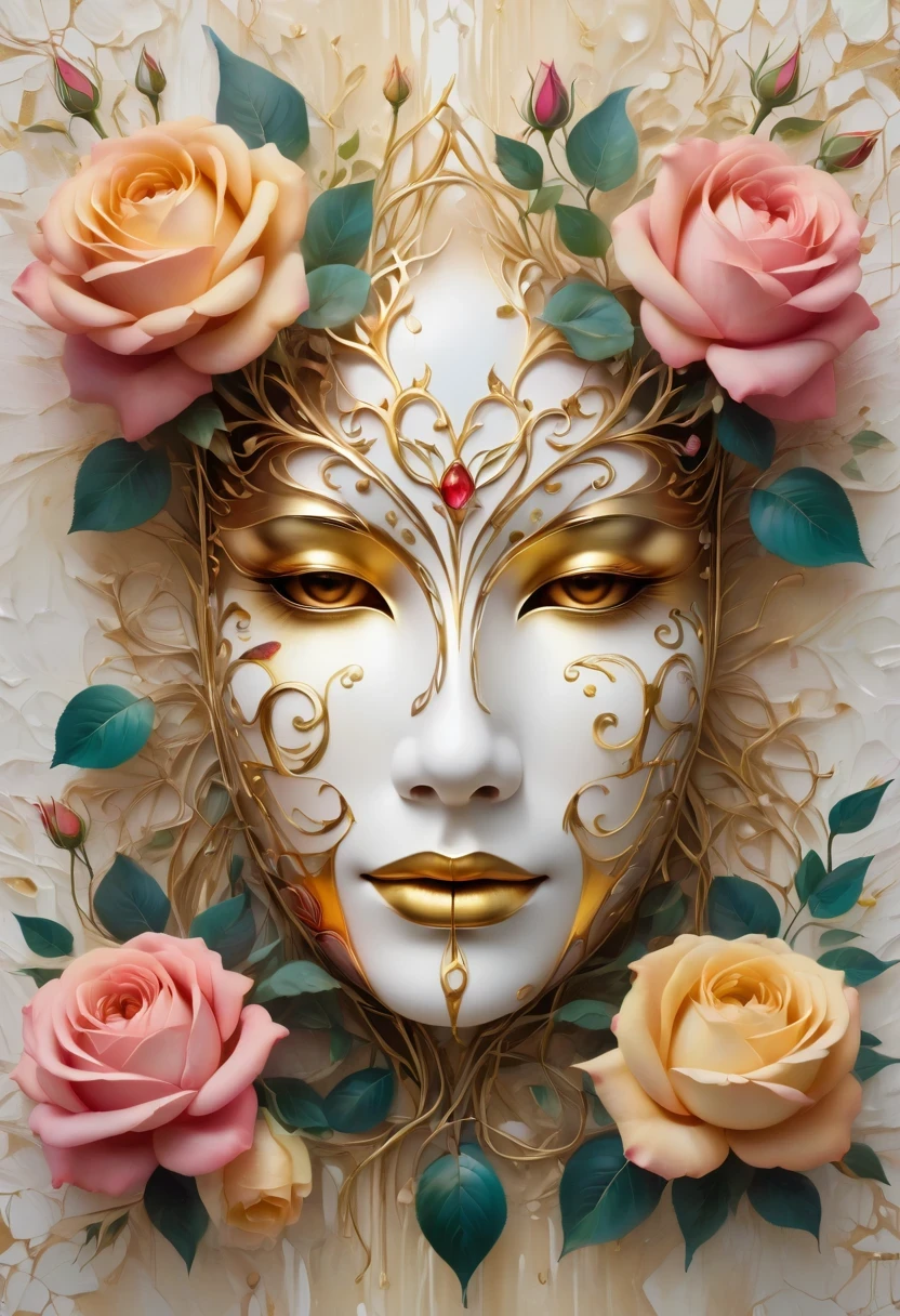 (best quality,4K,masterpiece:1.2),super detailed,lifelike:1.37,beautiful symmetrical mask,Apply with thick strokes and wet paint, golden ratio, melted wax |, visible strokes, rose symmetry mask,White mask surrounded by roses, Mosaic wireframe 3d, neuroimaging, Neurons, tree of Life, rape, like, enthusiasm, oil painting on canvas, thick strokes, Very detailed, 8K Ultra HD, masterpiece, art station, surreal,symmetry art