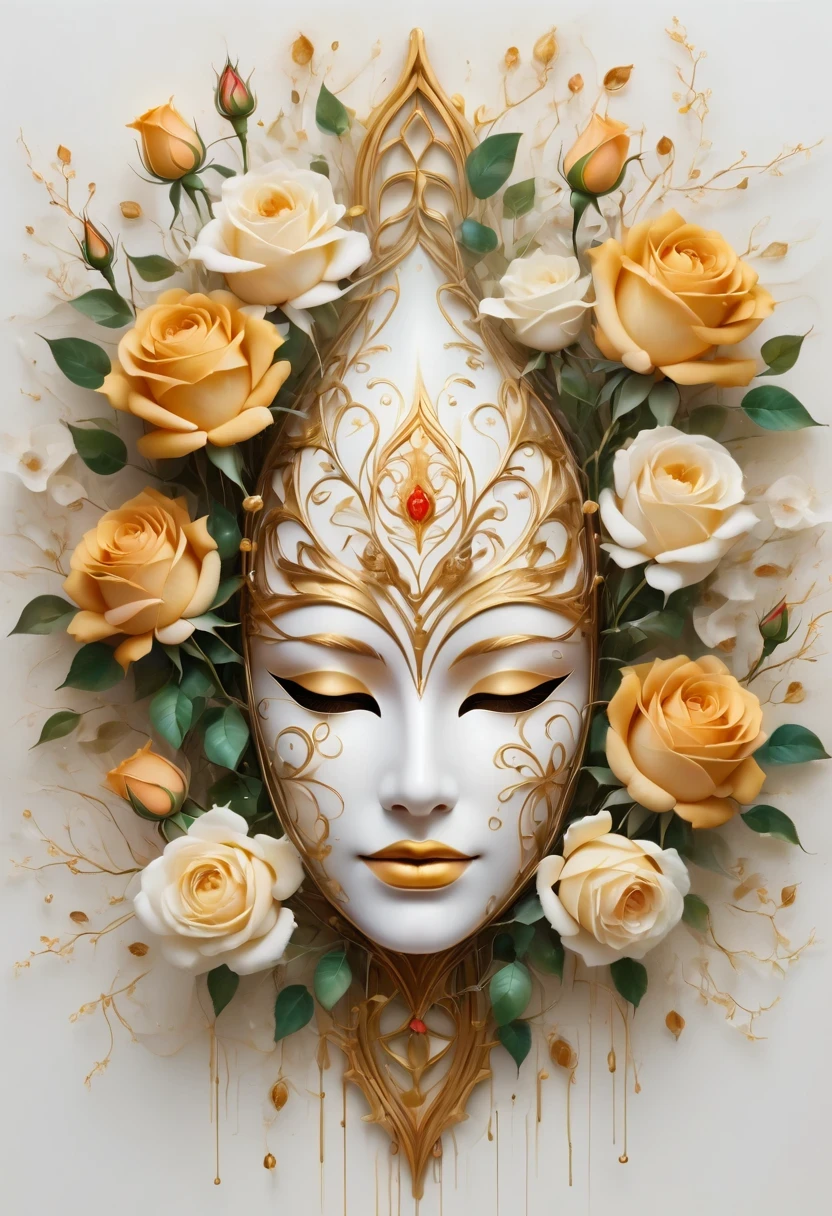 （best quality，4K，masterpiece：1.2），super detailed，lifelike:1.37，beautiful symmetrical mask，Apply with thick strokes and wet paint, golden ratio, melted wax |, visible strokes, rose symmetry mask，White mask surrounded by roses, Mosaic wireframe 3d, neuroimaging, Neurons, tree of Life, rape, like, enthusiasm, oil painting on canvas, thick strokes, Very detailed, 8K Ultra HD, masterpiece, art station, surreal，symmetry art