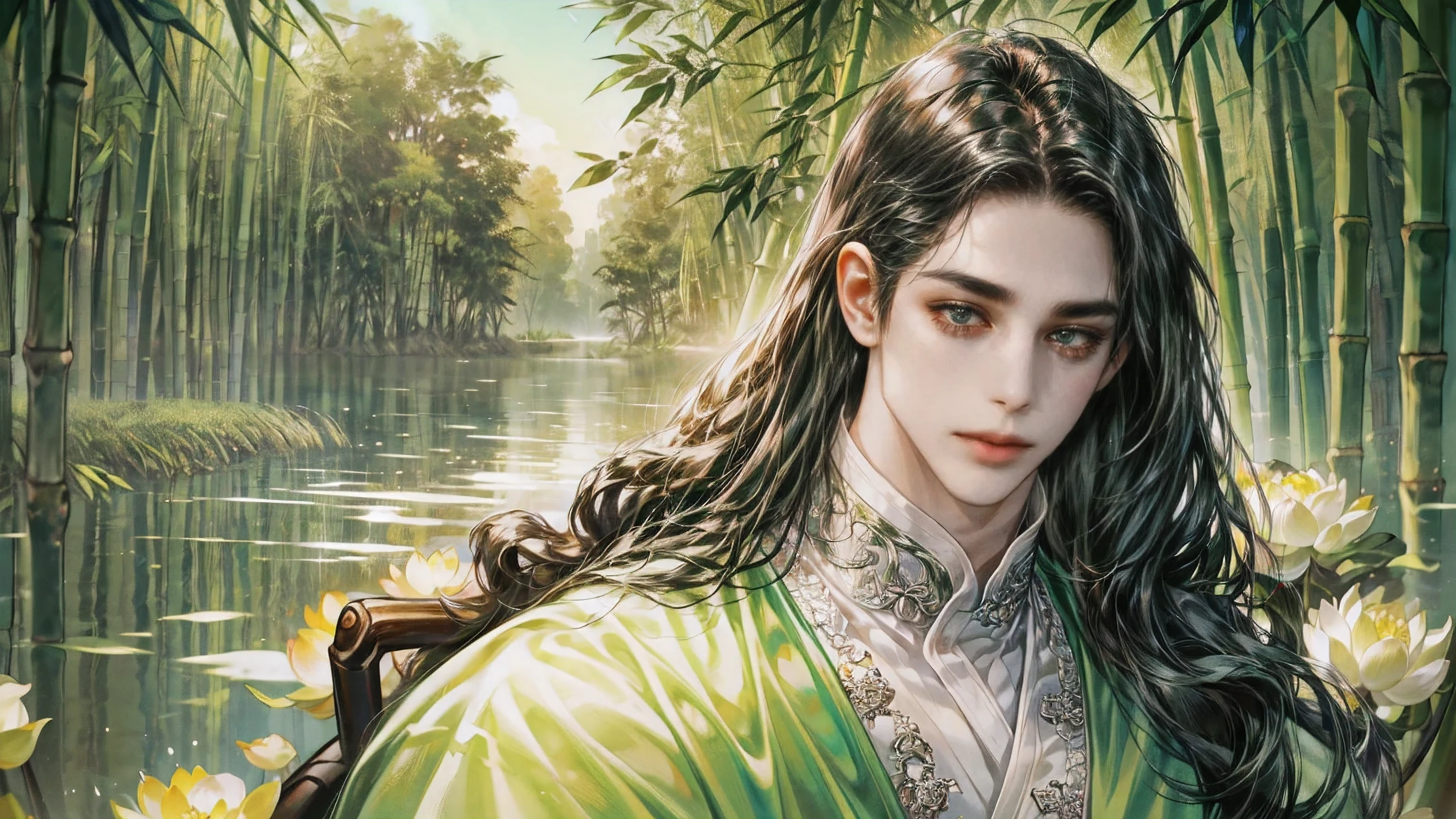 beautiful youth, a bright smile,All green clothing,(absurdres, highres, ultra detailed, HDR), masterpiece, best quality, 1 boy , boy character ,((Thick ,black, long hair)),beautiful face,detailed interior, detailed character,((man)),(male in bamboo forest), black hair,he smile,(white lotus),1man,the house of ancient China, beautiful man with long black hair and black eyes,((solo man)),long hair,((he has a Big eyes, charming lips, slim nose and small face)),he has a slander shape,thin body