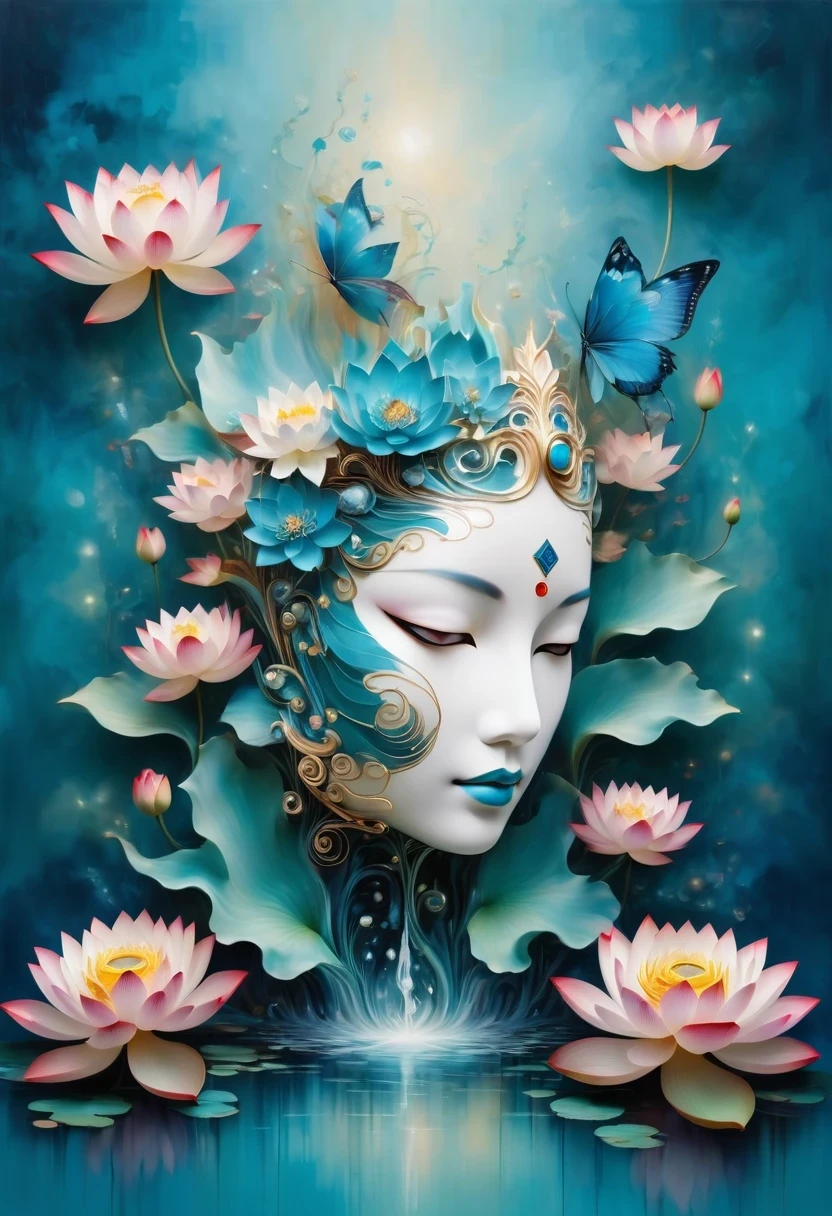 Imagine a tranquil scene inspired by Buddhist philosophy，A vibrant lotus flower stands against a background of intense turquoise tones。The lotus symbolizes purity and enlightenment，Complex petals bloom，exudes a sense of tranquility。As you gaze deeper into the image，You will notice an arrangement similar to a mandala，The constellations are arranged elegantly。A fusion of Buddhist symbolism with astrological elements，consistency，Induce contemplation and a timeless sense of connection。(The sculpture is surrealist and realist: 1.5), (Kaneko，Blue and white porcelain mask)， (metal wings: 1.2), (Fox futuristic mask: 1.2), (Internet pop kawaii fractal art: 1.6), (Tobias Gramler (Tobias Gramler) Art style，smooth shapes: 1.6), (Organic geometric mixture: 1.6),ultra high resolution: 1.4),(particle effect: 1.4), (depth of field: 1.4), (geometric-dotist abstraction: 1.6), (generative fluid fractal algorithm: 1.6).