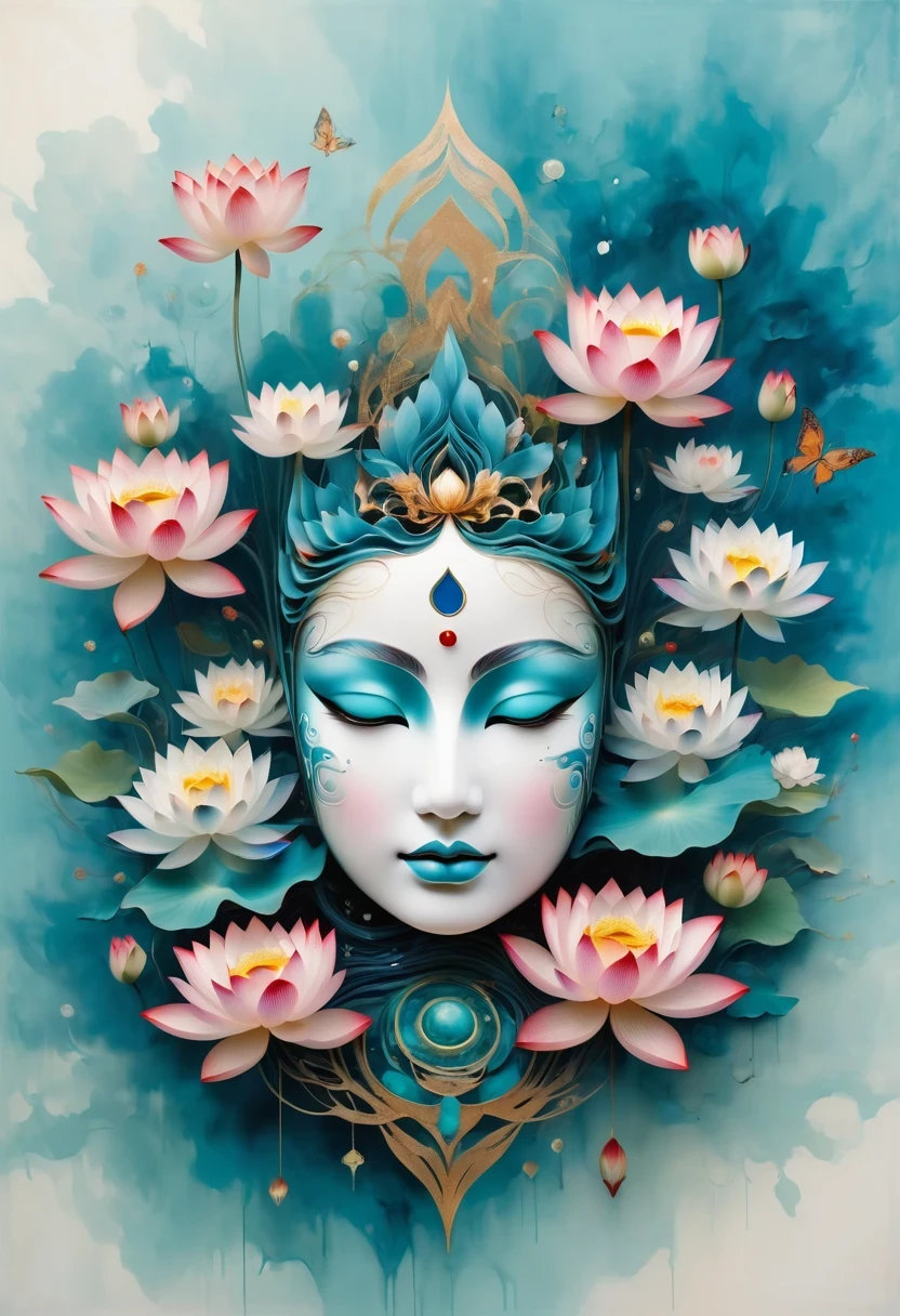 Imagine a tranquil scene inspired by Buddhist philosophy，A vibrant lotus flower stands against a background of intense turquoise tones。The lotus symbolizes purity and enlightenment，Complex petals bloom，exudes a sense of tranquility。As you gaze deeper into the image，You will notice an arrangement similar to a mandala，The constellations are arranged elegantly。A fusion of Buddhist symbolism with astrological elements，consistency，Induce contemplation and a timeless sense of connection。(The sculpture is surrealist and realist: 1.5), (Kaneko，Blue and white porcelain mask)， (metal wings: 1.2), (Fox futuristic mask: 1.2), (Internet pop kawaii fractal art: 1.6), (Tobias Gramler (Tobias Gramler) Art style，smooth shapes: 1.6), (Organic geometric mixture: 1.6),ultra high resolution: 1.4),(particle effect: 1.4), (depth of field: 1.4), (geometric-dotist abstraction: 1.6), (generative fluid fractal algorithm: 1.6).
