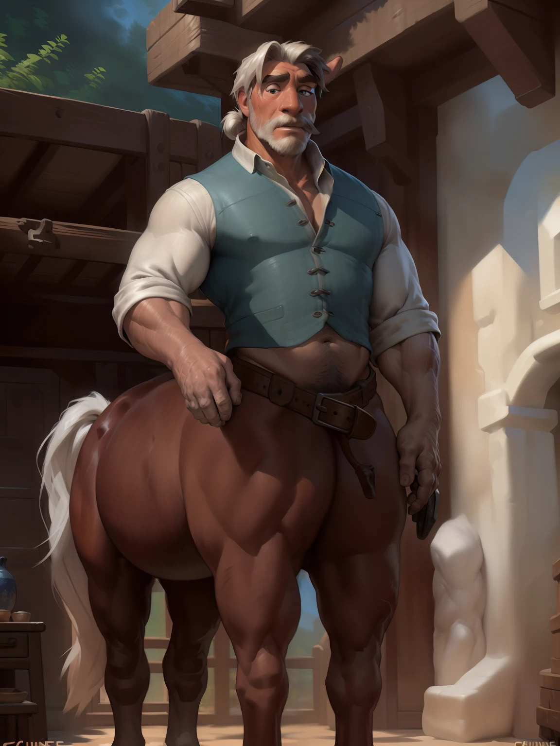 (by Taran Fiddler, by Chunie, by darkgem), centaur, solo, alone, old, medieval town, male, grandpa, big hooves, white fur, white hair, white legs, white body, man bun, anatomically correct centaur, docked tail, cropped tail, human face, human nose, human eyes, horse ears, wide equine hips, thick thighs, elderly male, face wrinkles, mustache, facial hair, thick eyebrows, blue doublet, burn scars, fingerless gloves, full body, rolled up sleeves, tall, strong legs, Flynn rider, beard