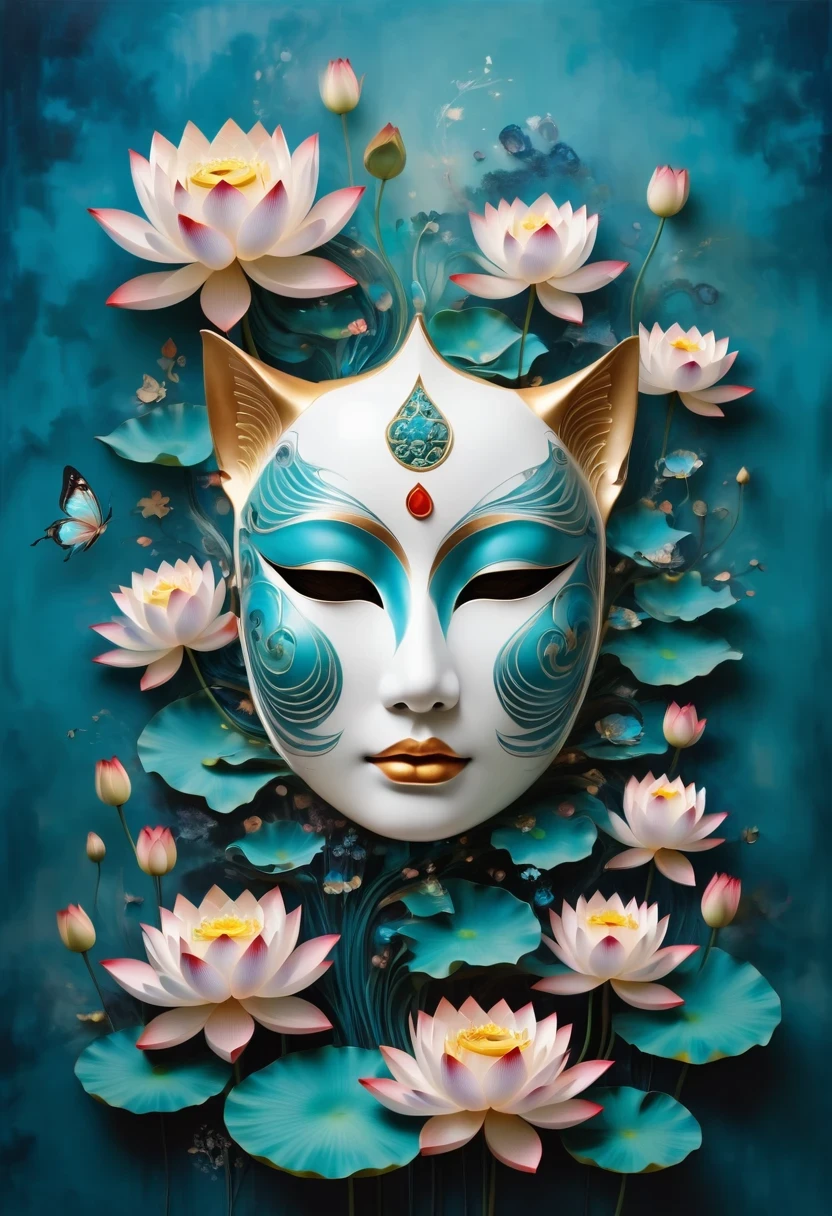 Imagine a tranquil scene inspired by Buddhist philosophy,A vibrant lotus flower stands against a background of intense turquoise tones。The lotus symbolizes purity and enlightenment,Complex petals bloom,exudes a sense of tranquility。As you gaze deeper into the image,You will notice an arrangement similar to a mandala,The constellations are arranged elegantly。A fusion of Buddhist symbolism with astrological elements,consistency,Induce contemplation and a timeless sense of connection。(The sculpture is surrealist and realist: 1.5), (Kaneko,Blue and white porcelain mask), (metal wings: 1.2), (Fox futuristic mask: 1.2), (Internet pop kawaii fractal art: 1.6), (Tobias Gramler (Tobias Gramler) Art style,smooth shapes: 1.6), (Organic geometric mixture: 1.6),ultra high resolution: 1.4),(particle effect: 1.4), (depth of field: 1.4), (geometric-dotist abstraction: 1.6), (generative fluid fractal algorithm: 1.6).