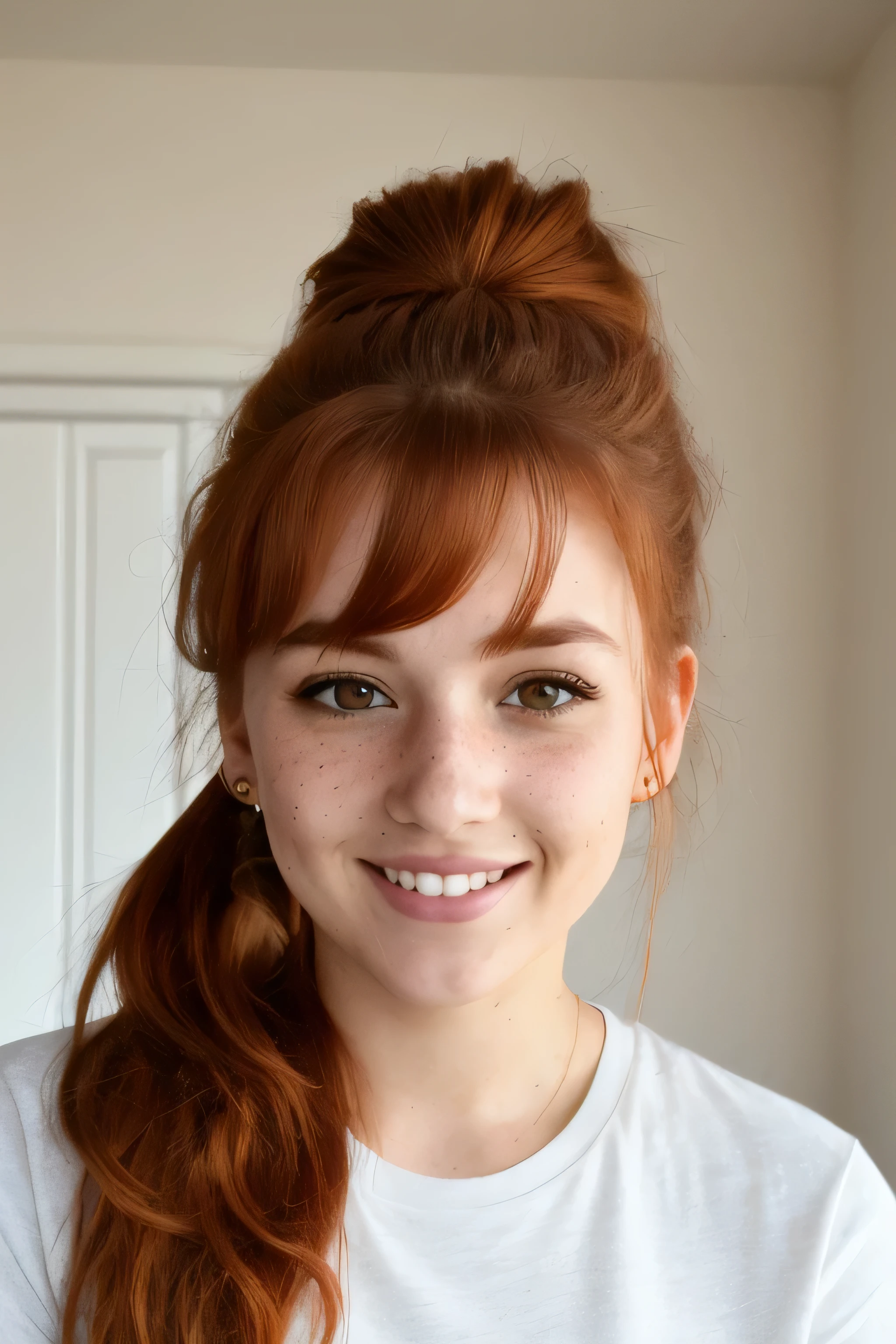 beautiful woman, close up, t-shirt, (detailed eyes:0.8), (looking at the camera:1.4), (highest quality), (best shadow), brown eyes, rim lighting, two tone lighting, dimly lit, low key, intricate details, interior, ponytails, ginger hair:1.3, open mouth:0.7, cute smile, freckles