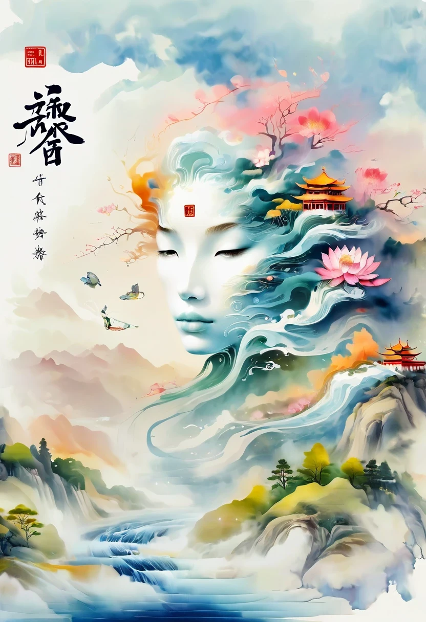 a landscape painting,Meticulous,Inspired by thousands of miles of rivers and mountains,Fuchun Mountain Residence Map,Expression techniques of cirrus clouds,flat illustration,traditional Chinese painting,Chinese landscape painting,Chinese architecture,cloud,vertical waterfall on cliff,Vibrant pine trees,fall,Takayama,wonderland,Dangerous situations,dangerous,3D facial mask,Black:1.37,Mineral pigments,Ultramarine,Track gold,Clear contours,sketch,Dry Lafa