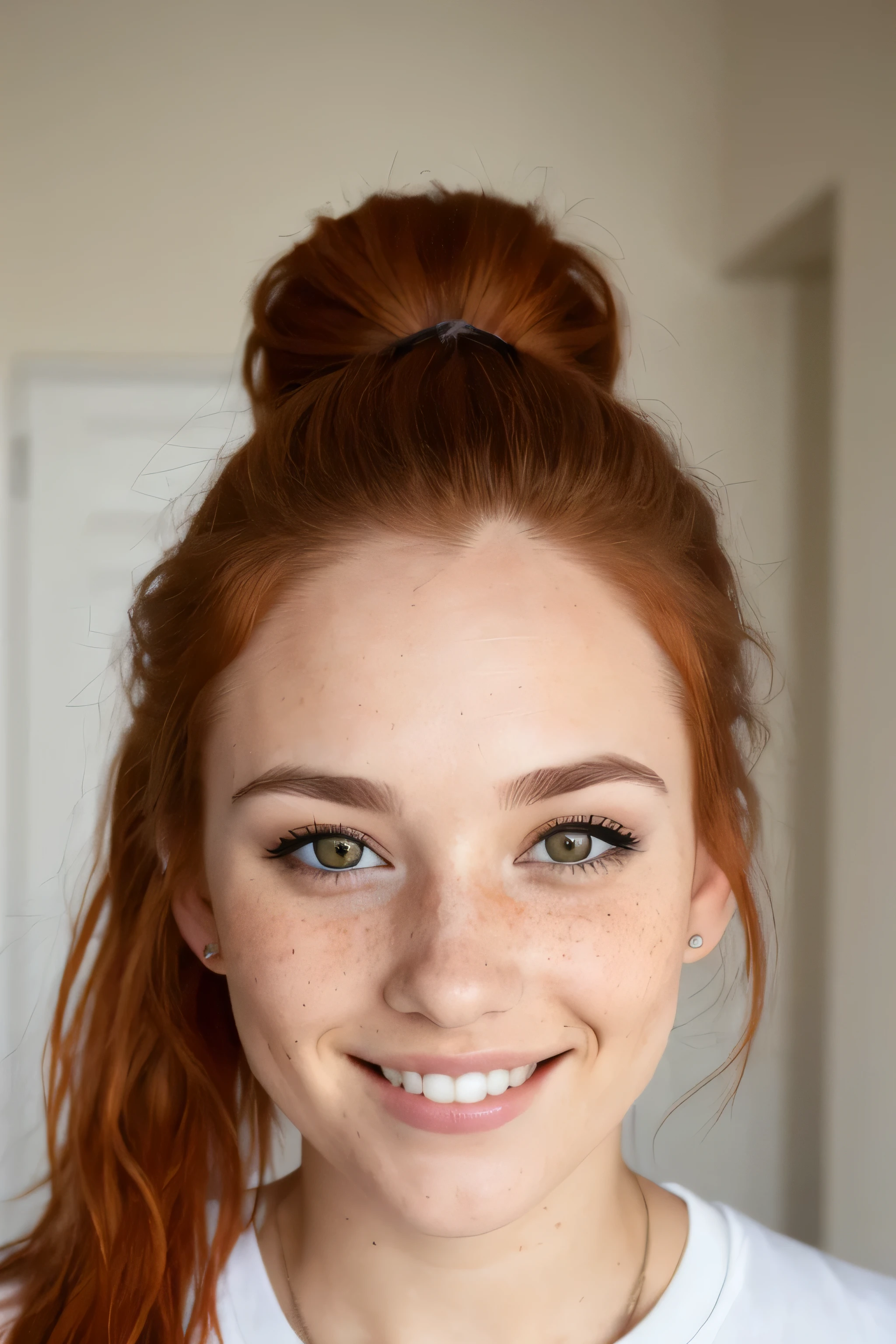 beautiful woman, close up, t-shirt, (detailed eyes:0.8), (looking at the camera:1.4), (highest quality), (best shadow), brown eyes, rim lighting, two tone lighting, dimly lit, low key, intricate details, interior, ponytails, ginger hair:1.3, open mouth:0.7, cute smile, freckles