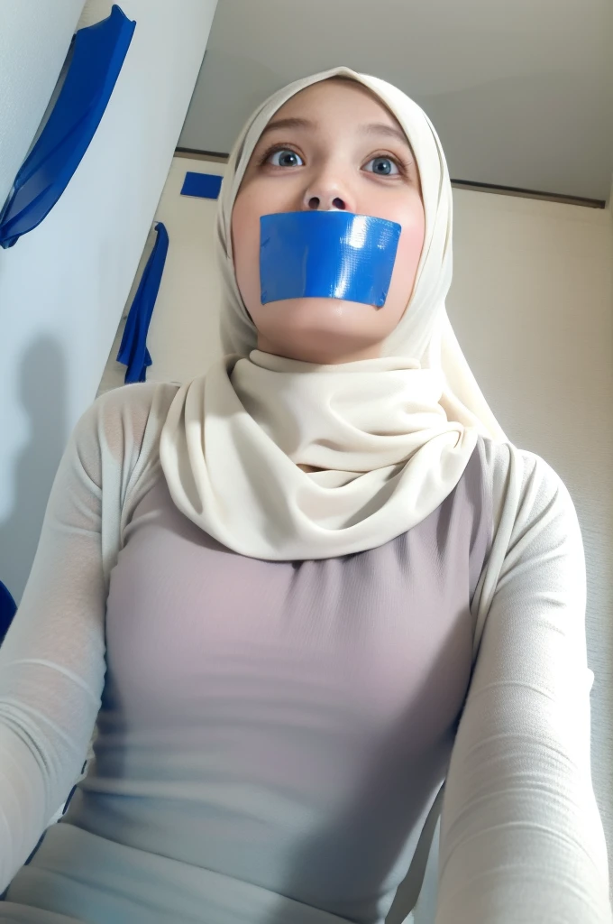 realistic, Selfie of one malay girl, wearing hijab, tshirt, big breasts, smile、mouth open、bold pose、accurate eye、symmetrical face、perfect body、slender、gagged, tape gag,  ball gag