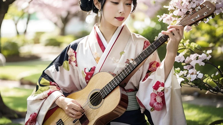 A woman in a kimono playing the guitar in a cherry tree garden, traditional Japanese, Japanese woman, Japanese geisha, Japanese style, inspired by Itō Shinsui, elegant Japanese woman, Japanese goddess, Japanese influences, Woman Playing Guitar, Japanese art style, Japanese style, Japanese, Japanese fantasy, Japanese kimono, ancient Japanese, skilled geisha of the Japanese
