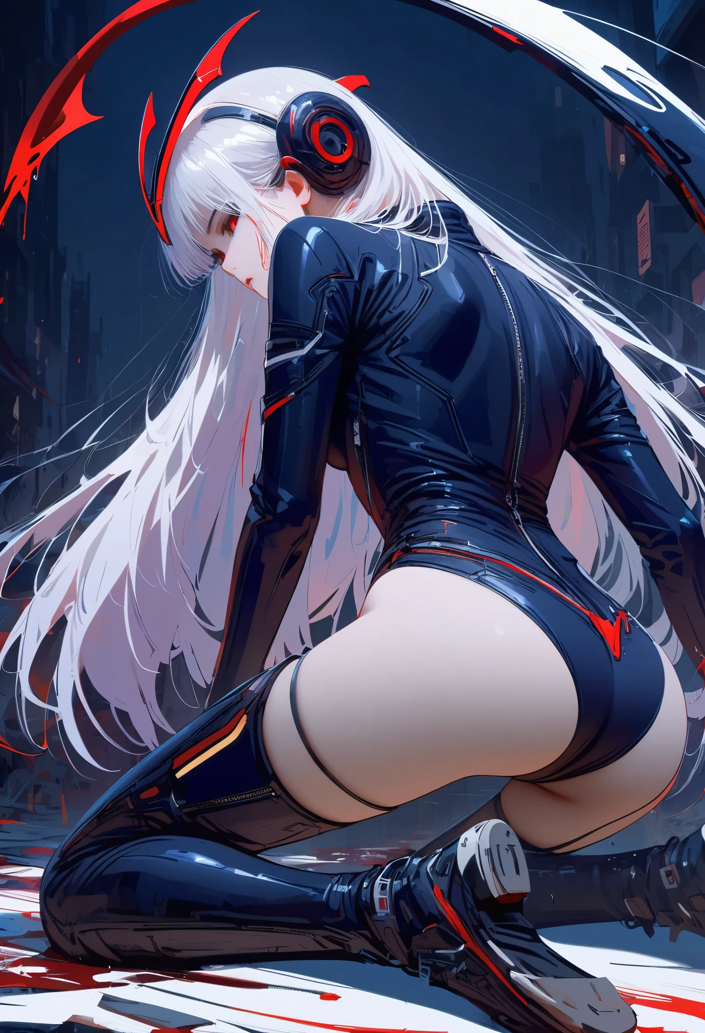 masterpiece, best quality, 8K, number, 1 girl, alone, stand up, youth, white hair, long white hair, hair accessories, Red eyes, round pupils, Emotionless expression, Blood stained mechanical parts, electric wire, cable, failure effect, scary, Science fiction, futuristic, The background inside is darker, neon lights, cyberpunk characters, surreal, Strange, Disturbing, spine-chilling, scary, Rompers,Red eyes,Venom Possession,blackened,Long black gloves,Jumpsuits,Tight latex jumpsuit,Highlight her graceful figure,将整个身体包裹stand up,symbiont,((Raised sexy)),Rompers,Red eyes,Venom Possession,blackened,Long black gloves,Jumpsuits,Black latex clothing,Blood-Red eyes,best quality, High resolution, super detailed, Vivid textures, mask, Tight latex jumpsuit, Bangs,purple hair, blue eyes
