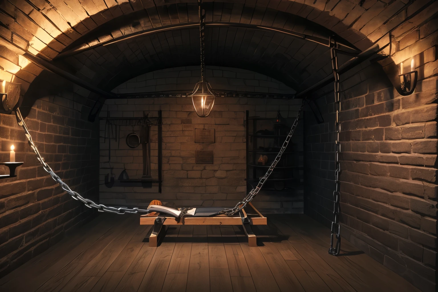 chains and bondage steel rings on the wall, torture device, whips, modern torture cellar, candle holder at the wall, modern lounger with fixation, atmospheric perspective, 8k, super detail