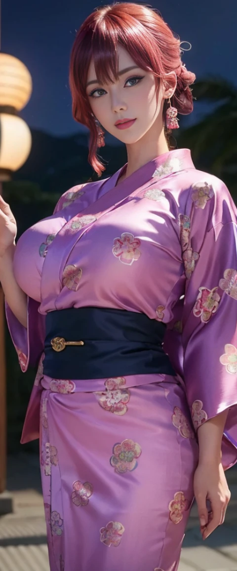 (((highest quality)), (super detailed), 1 girl, (iridescent hair, colorful hair, red hair: 1.2), 30 years old, (((wearing silk color full yukata: 1.2))), outdoor, bangs, smile, sky blue eyes, perfect hands, perfect hands, hand details, corrected fingers. Earrings, Night Store + Background, looking_at_viewer, Top Quality, Rich Detail, Perfect Image Quality, big breasts, slender body, Cowboy Shot, (masterpiece), masterpiece, super detail, high details, highres, 16k