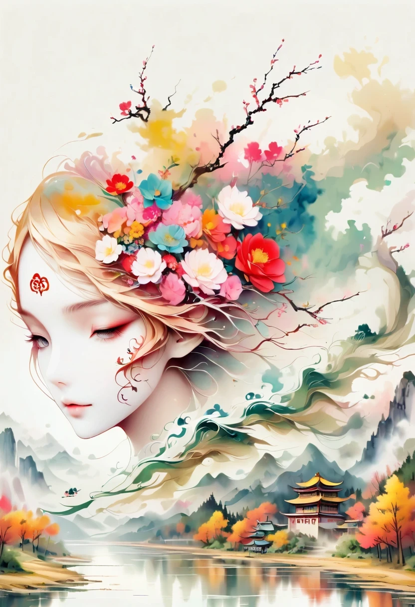 a landscape painting,Meticulous,Inspired by thousands of miles of rivers and mountains,Fuchun Mountain Residence Map,Expression techniques of cirrus clouds,flat illustration,traditional Chinese painting,Chinese landscape painting,Chinese architecture,cloud,vertical waterfall on cliff,Vibrant pine trees,fall,Takayama,wonderland,Dangerous situations,dangerous,3D facial mask,Black:1.37,Mineral pigments,Ultramarine,Track gold,Clear contours,sketch,Dry Lafa