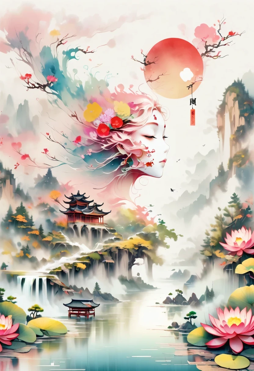 a landscape painting，Meticulous，Inspired by thousands of miles of rivers and mountains，Fuchun Mountain Residence Map，Expression techniques of cirrus clouds，flat illustration，traditional Chinese painting，Chinese landscape painting，Chinese architecture，cloud，vertical waterfall on cliff，Vibrant pine trees，fall，Takayama，wonderland，Dangerous situations，dangerous，3D facial mask，Black：1.37，Mineral pigments，Ultramarine，Track gold，Clear contours，sketch，Dry Lafa