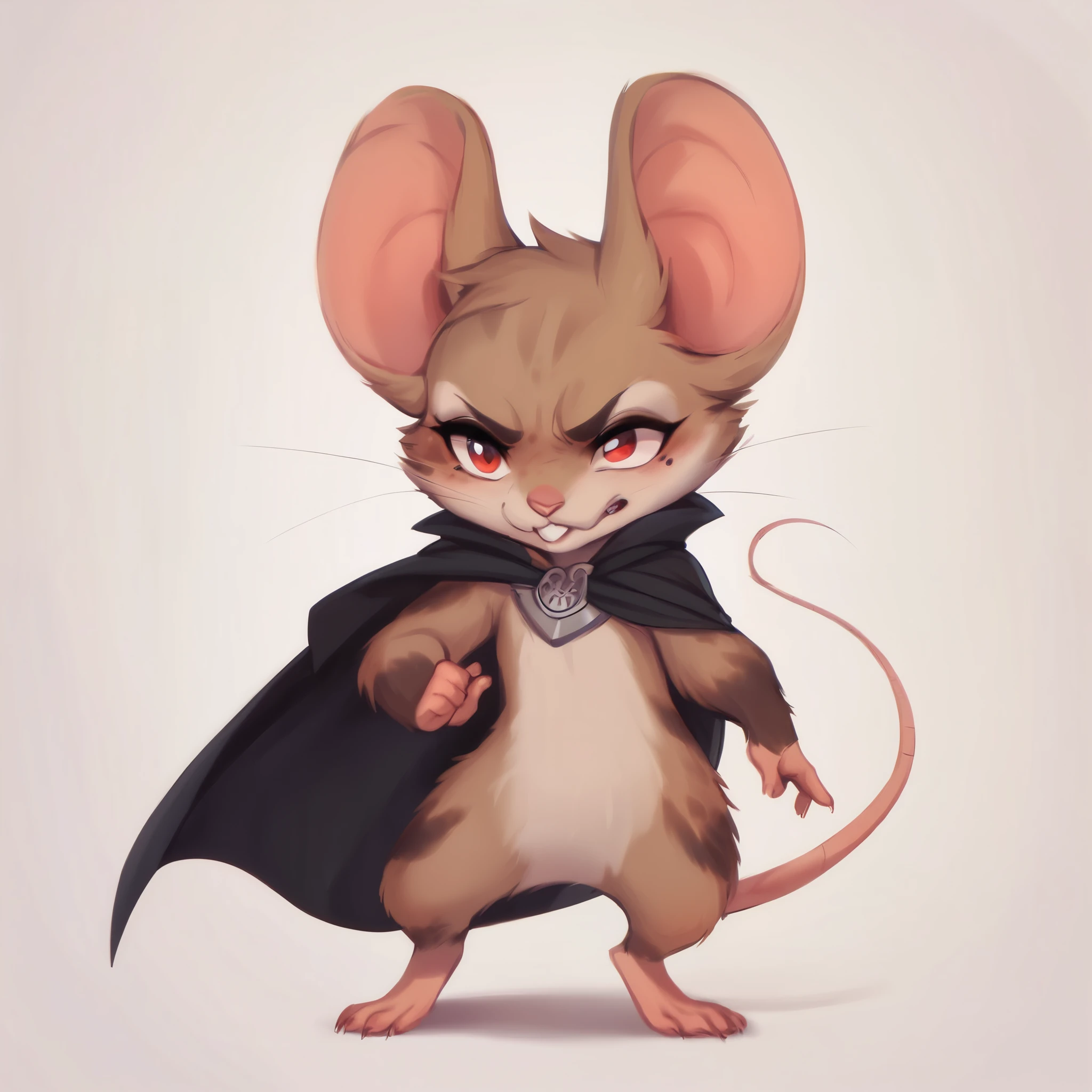 score_9, score_8_up, score_7_up, score_6_up, score_5_up, score_4_up, show accurate, full body, hungry body, simple background, (solo), (semi anthro), mouse, female mouse, fur body, ultra fine fur, standing, red eyes, (light brown dull fur), determined look, black open cape, cape with red details,