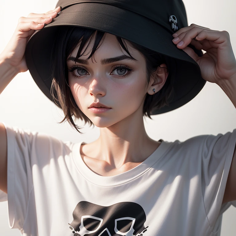 (Monocrhome), Mid Shot, Sad, dark, (oversize clothes) (thoughtful poses) in love, chiaroscuro, black and white, 90s girl, simple background, minimalistic, beautifull, ((photoshot)), baggy clothes, wearing bucket hat, black oversize shirt, girl with pixie cut hairstyle, woman, dark background highlighting the figure. Natural lighting, stunning realism, minimalistic, simple background, thoughtful expression, (skull graphic in t-shirt), neoperreo, nadia.