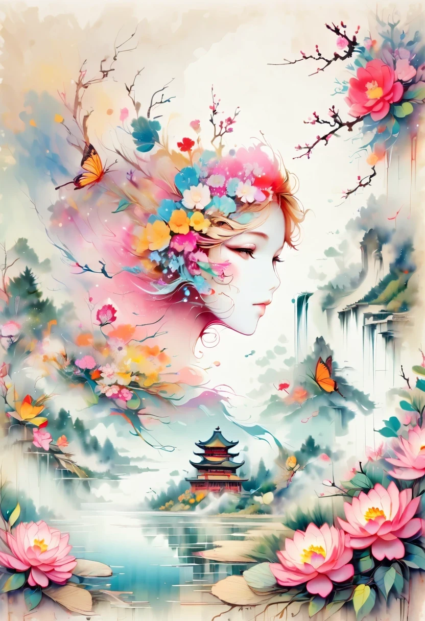 a landscape painting，Meticulous，Inspired by thousands of miles of rivers and mountains，Fuchun Mountain Residence Map，Expression techniques of cirrus clouds，flat illustration，traditional Chinese painting，Chinese landscape painting，Chinese architecture，cloud，vertical waterfall on cliff，Vibrant pine trees，fall，Takayama，wonderland，Dangerous situations，dangerous，3D facial mask，Black：1.37，Mineral pigments，Ultramarine，Track gold，Clear contours，sketch，Dry Lafa