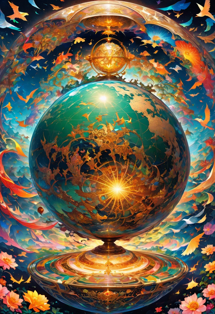 A huge globe is suspended in the center of the image, with intricate patterns and symbols engraved on it. The globe is surrounded by flying birds and blooming flowers. It symbolizes the vastness of the universe and the prosperity of life, best quality, masterpiece, very aesthetic, perfect composition, intricate details, ultra-detailed, Animagine