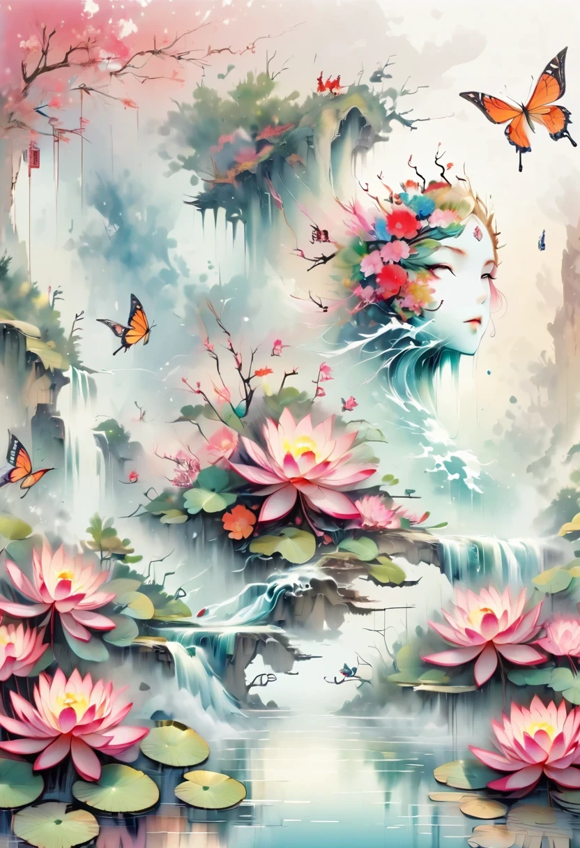 a landscape painting,Meticulous,Inspired by thousands of miles of rivers and mountains,Fuchun Mountain Residence Map,Expression techniques of cirrus clouds,flat illustration,traditional Chinese painting,Chinese landscape painting,Chinese architecture,cloud,vertical waterfall on cliff,Vibrant pine trees,fall,Takayama,wonderland,Dangerous situations,dangerous,3D facial mask,Black:1.37,Mineral pigments,Ultramarine,Track gold,Clear contours,sketch,Dry Lafa