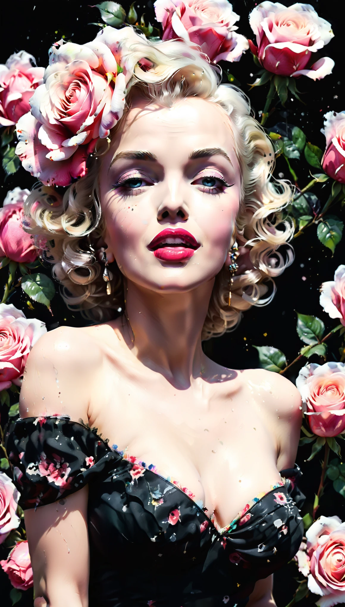 close up photo of Marilyn Monroe, off shoulder , watrcolor style, (rose) digital art, black background, among the roses, official art, blown by the wind, masterpiece, beautiful, ((watercolor)), paint splatter, intricate detail. Great detail, [dripping:0.7], Trending on Artstation, Rachel Walker
