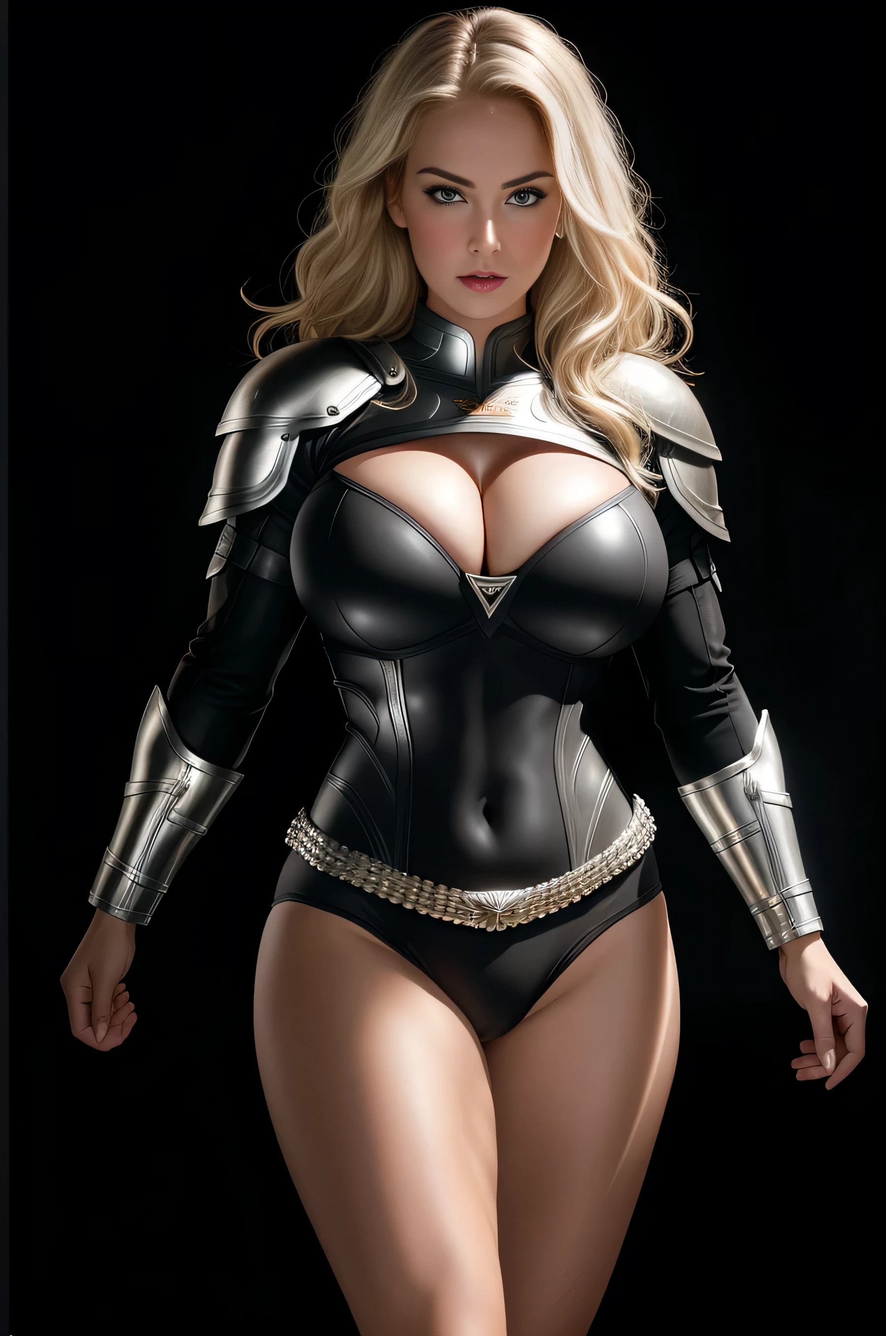 BOMBSHELL VALKYRIE, MATURE WOMAN, 30 YEARS OLD, ATHLETIC BODY, MUSCLES, BLONDE HAIR, GRAY EYES, ROSY CHEEKS, ANGRY FACE EXPRESSION, BLACK PANTIES UNDER ARMOUR, FULL BODY SILVER ARMOUR, SHINING ARMOUR, MITHOLOGY, random hair, looking at camera, gigantic breasts, cleavage, (high detailed skin:1.2), 8k uhd, dslr, super lighting, high quality, film grain, high res, highly detailed, hyper realistic, beautiful face, beautiful body, beautiful eyes nose lips, alluring expression, very bold, upper visible, full body photo, standing legs apart, pale translucent glowing skin, most beautiful face, cute, (well defined pubic hair:1.2)), (dark plain black background:1.4))